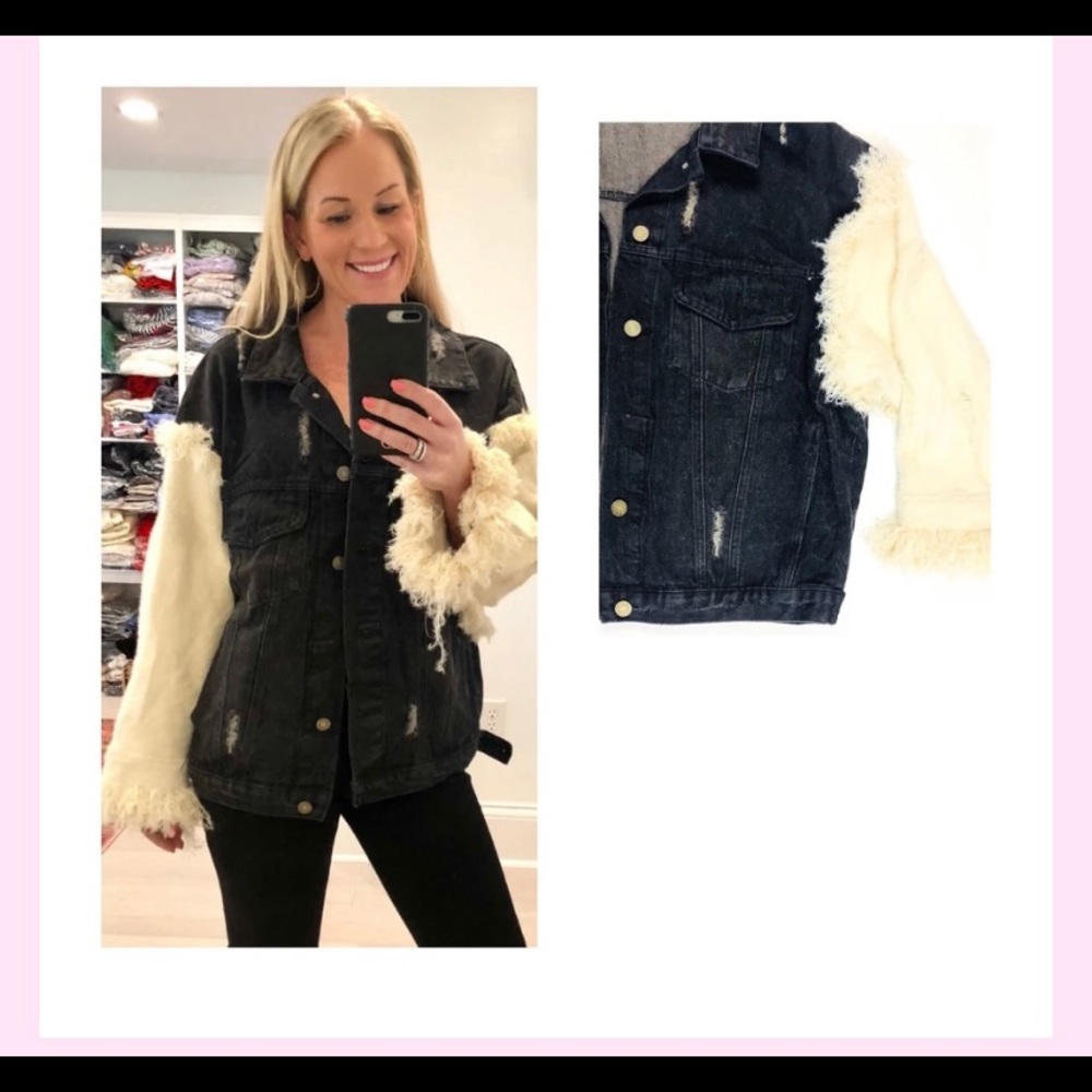 Denim Jacket with Shearling Fringe Sleeves